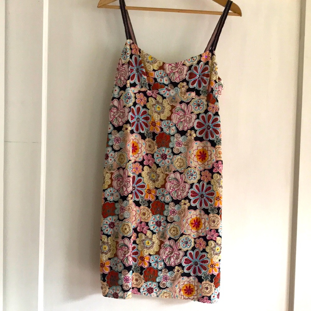 Nanette Laporte Black White Multicolor Silk Beaded Floral Dress.